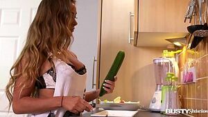 Big-chested temptation in kitchen makes Amanda Rendall pack her pinkish with veggies