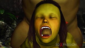 Green monster Ogre bangs firm a crazy gal goblin Arwen in the enchanted woods